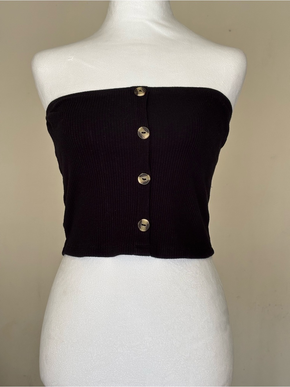 Ambiance Black Strapless Ribbed Button-Front Crop Top